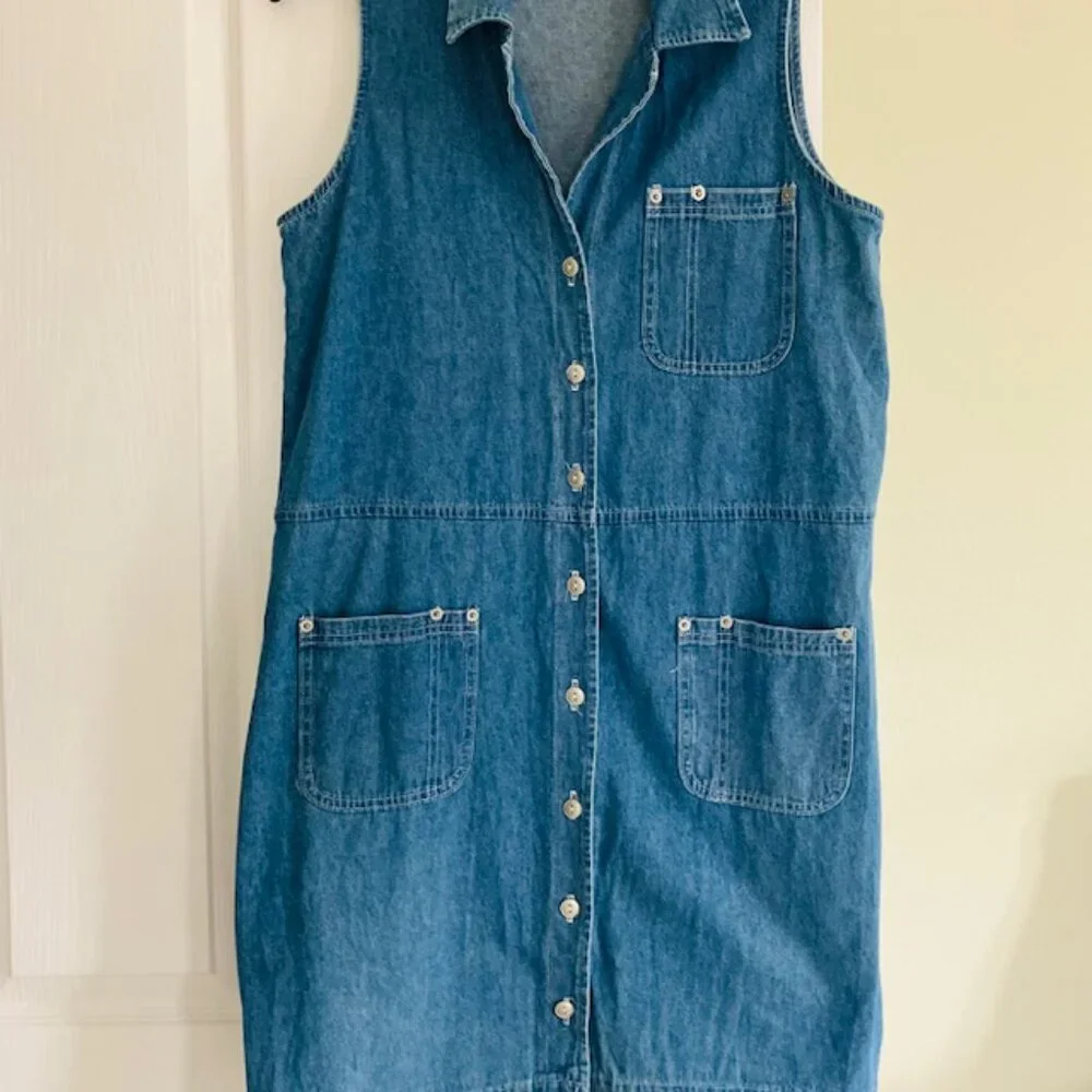 Vintage Blue women's denim dress size large 100 % Cotton button front - Picture 2 of 4